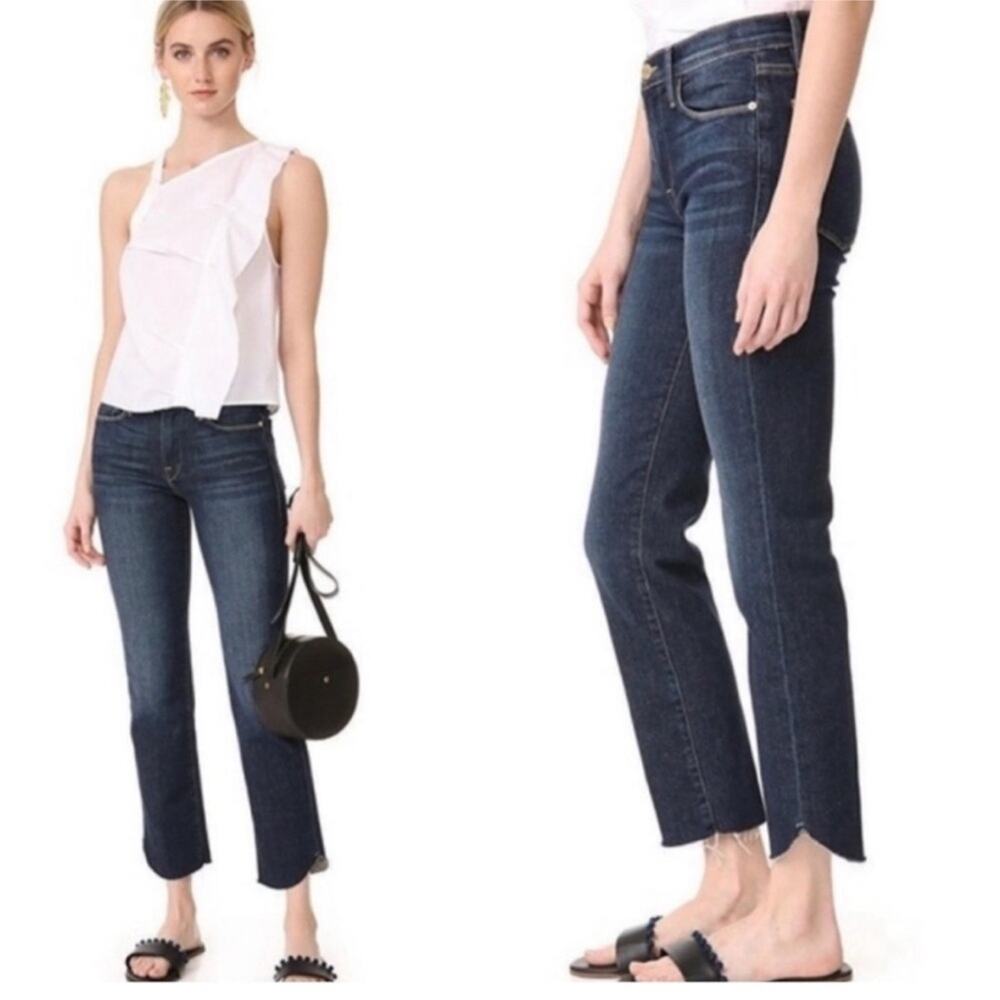 Frame Denim Le High Straight in Louiston Blue Jeans Tulip Raw Hem Size 28 Denim